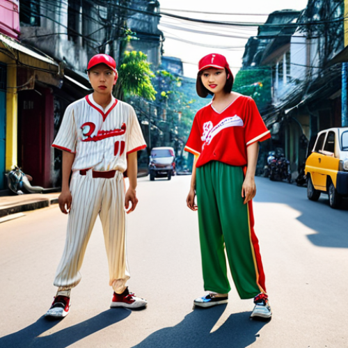 **A vibrant street scene in Hanoi, Vietnam, showcasing baseball fashion.** Capture young Vietnamese individuals stylishly wearing baseball jerseys, caps, and sneakers, blending sportswear with everyday attire in a bustling urban setting. Focus on the energy and unique style of Vietnamese youth incorporating baseball elements into their fashion.