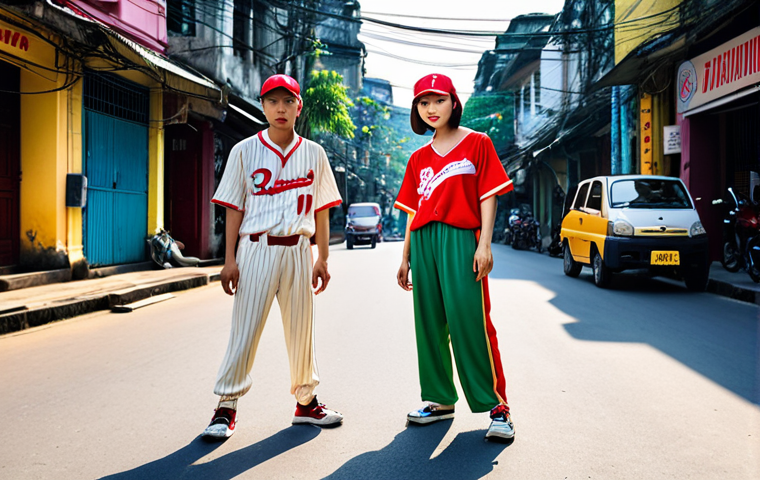 **A vibrant street scene in Hanoi, Vietnam, showcasing baseball fashion.** Capture young Vietnamese individuals stylishly wearing baseball jerseys, caps, and sneakers, blending sportswear with everyday attire in a bustling urban setting. Focus on the energy and unique style of Vietnamese youth incorporating baseball elements into their fashion.